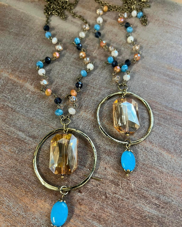 Gun Metal Long Necklace with Colored Beads and attached Ring Pendant w/Crystal