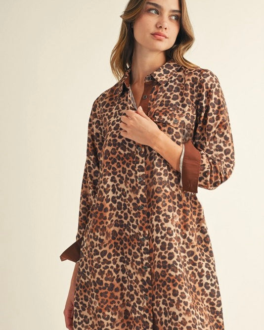 Brown Solid Contrast Accent Leopard Button Down Long Sleeve Shirt Tunic Dress