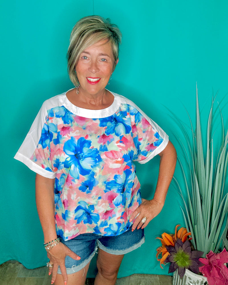 Blue & Pink w/White Trim Brushstroke Bloom Floral Short Sleeve Top
