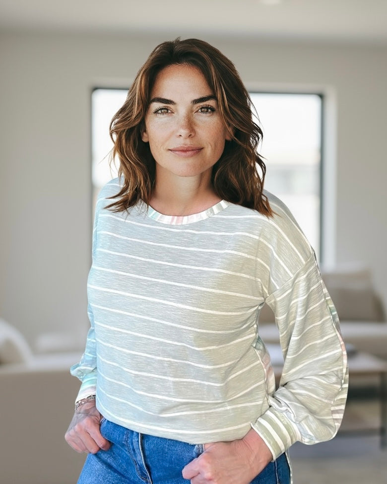 Mint Sage Green Multi Stripe Color Block Crew Neck Long Sleeve Top