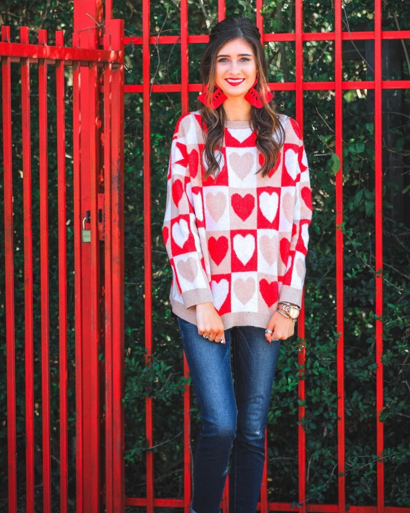 Red and Tan Valentine Heart Checkered Long Sleeve Sweater