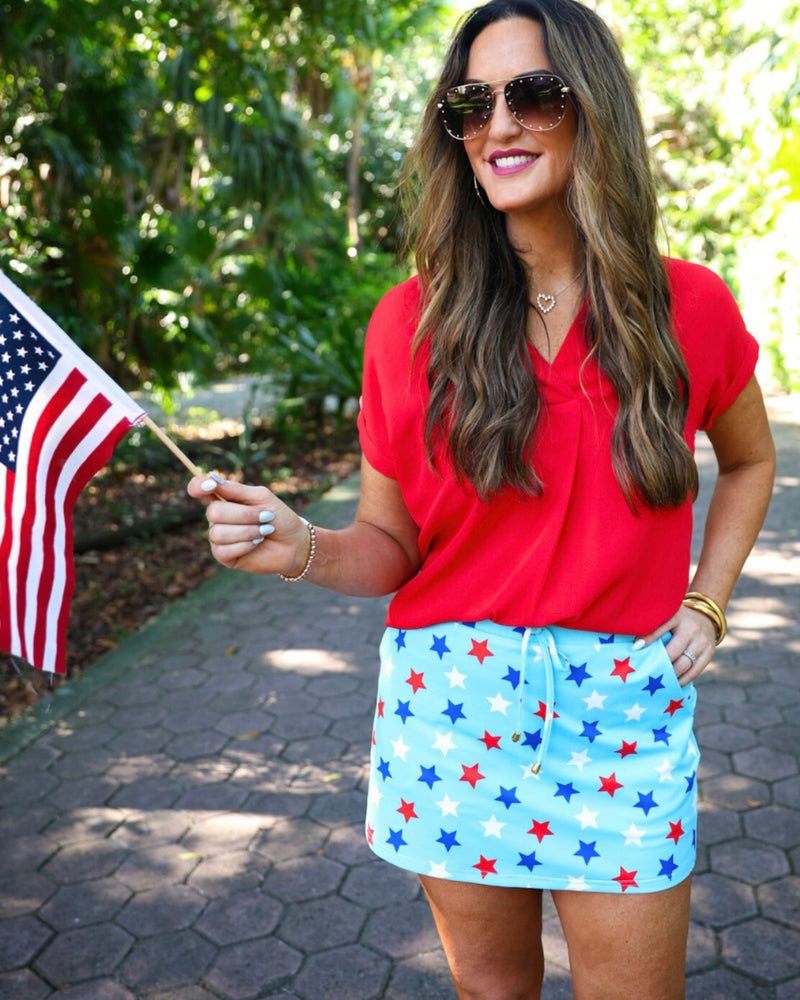 Waiting for Fireworks RWB Blue Red Star Patriotic Pocket Skort