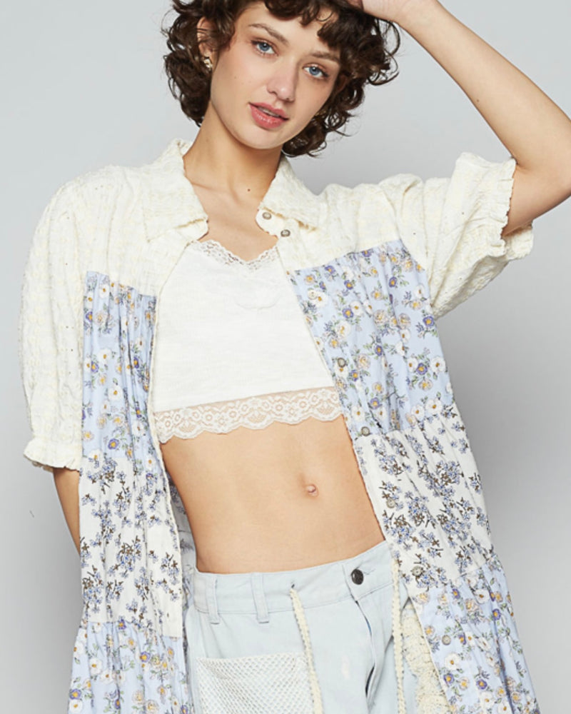 Light Blue & White Mix Floral 3/4 White Contrasting Puff Sleeve Button Down Top