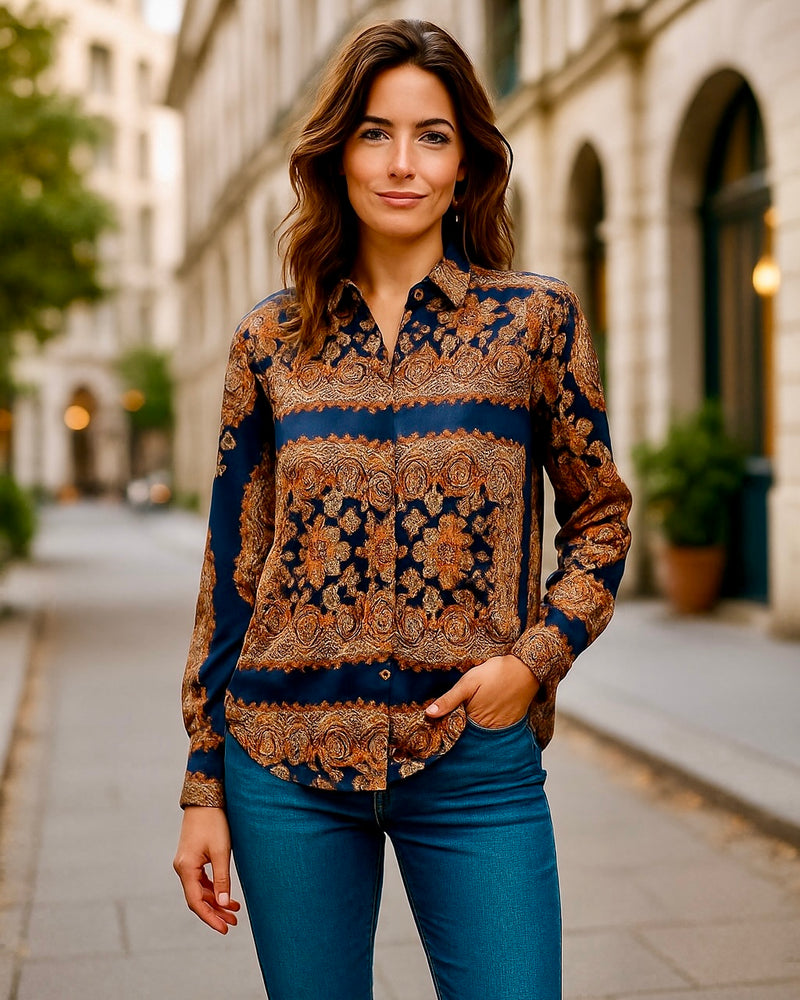 Black & Rust Long Sleeve Paisley Print Button Down Blouse Top