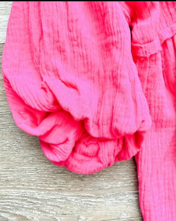 Hot Pink Gauze Fabric Short Sleeve Babydoll Top
