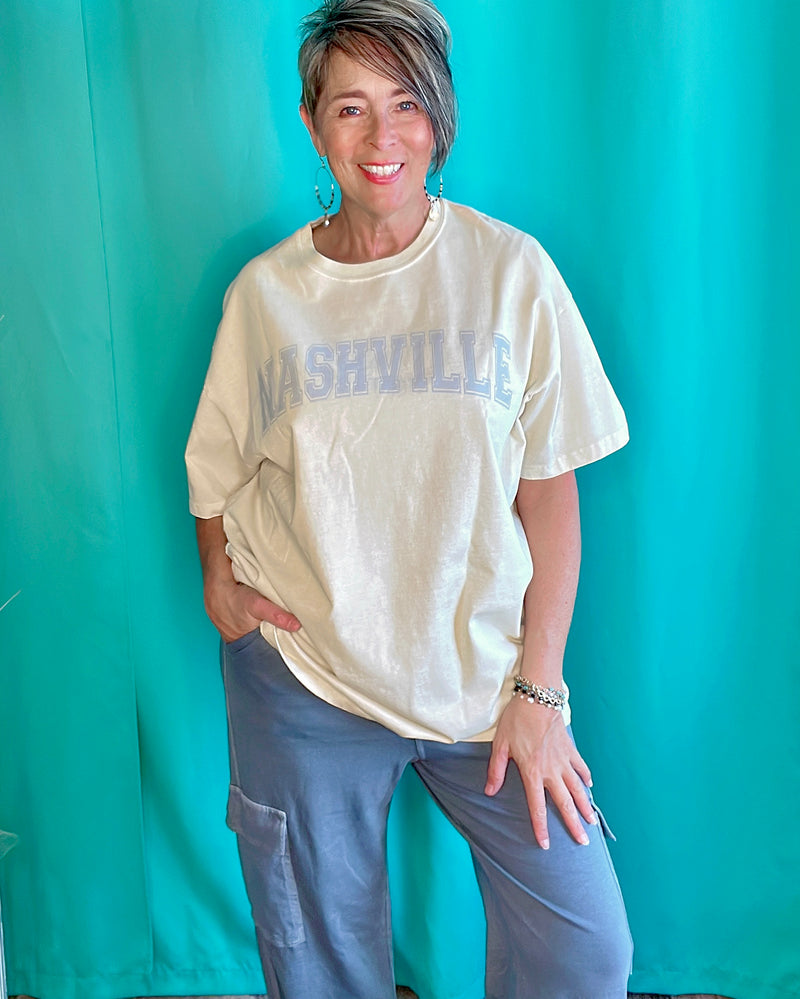 Nashville Cream with Blue Lettering Oversized Collar Open Crew Neck Tshirt