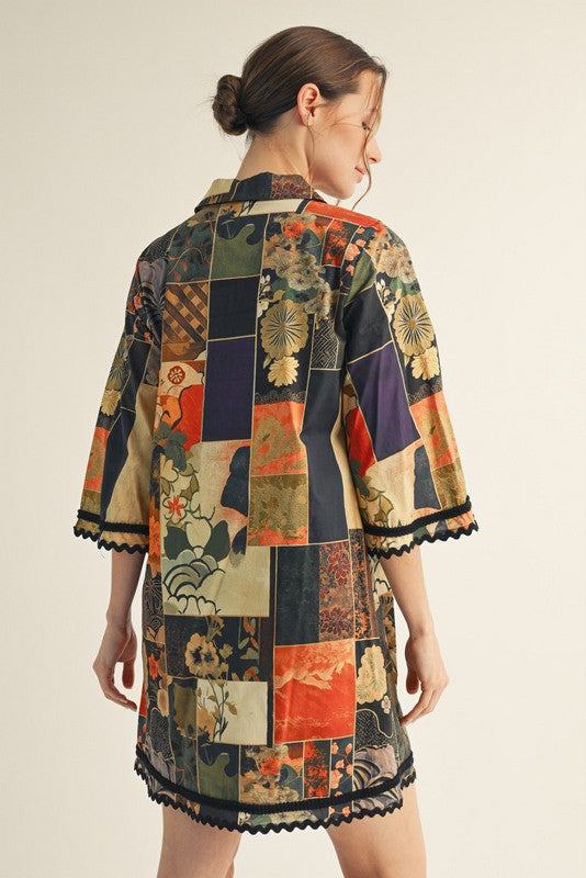 Hunter Green Multi Patch Print 3/4 Flare Sleeve Ric Rac Trim Dress