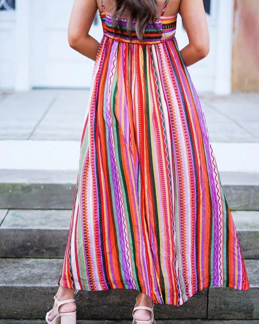 Multicolor Stripe Smocked Boho Spaghetti Strap Maxi Dress