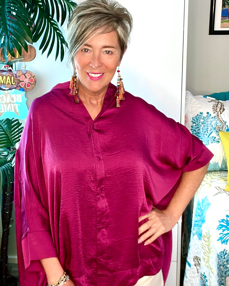Oversized Black or Magenta Satin Flowy Boxy 3/4 Sleeve Button Front Blouse