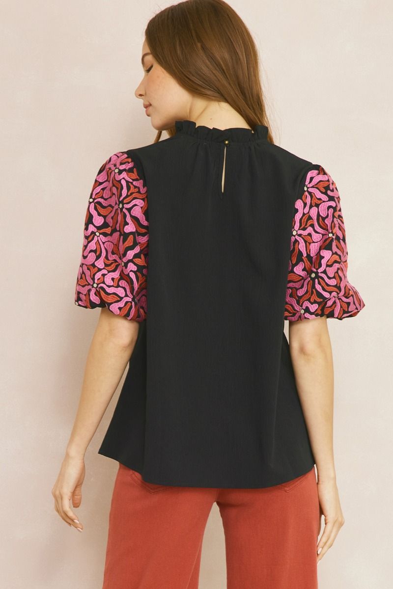 Black Solid Mock Neck Contrasting Pink/Red Embroidery Puff Sleeve Top