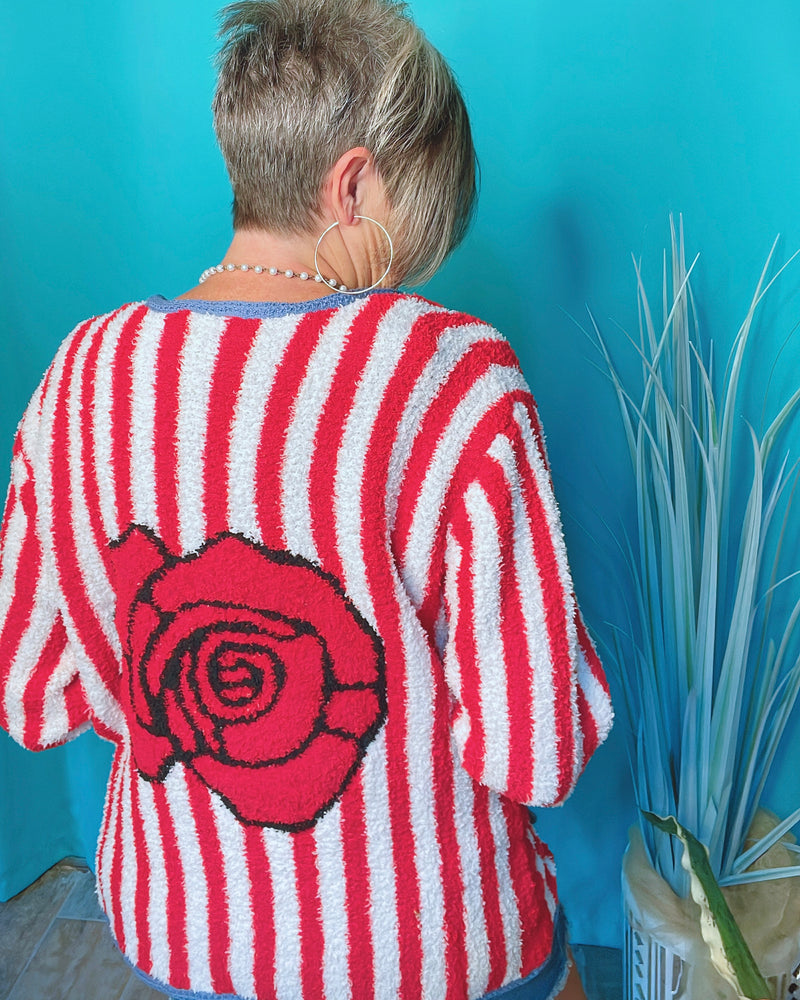 Red & White Rose Design Bold Vertical Striped Open Front Blue Trimmed Berber Sweater Cardigan