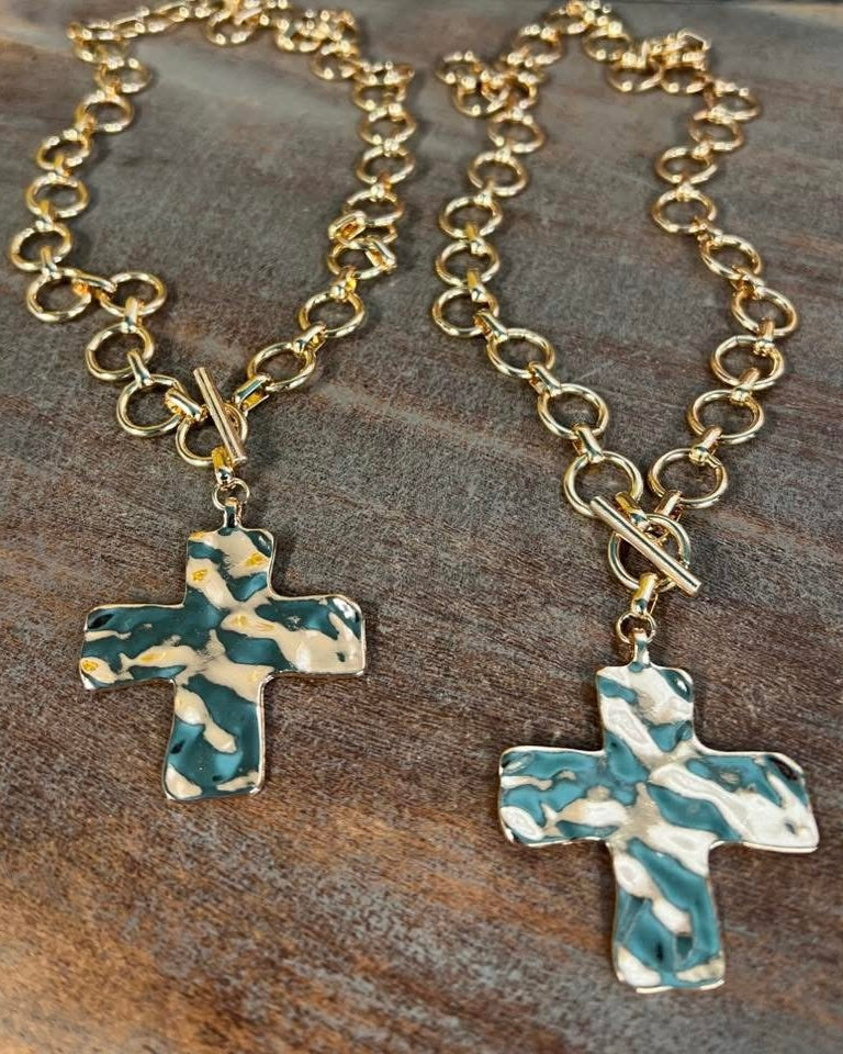 Gold or Silver Tone Choker Style Short Chain Necklace with Cross Pendant