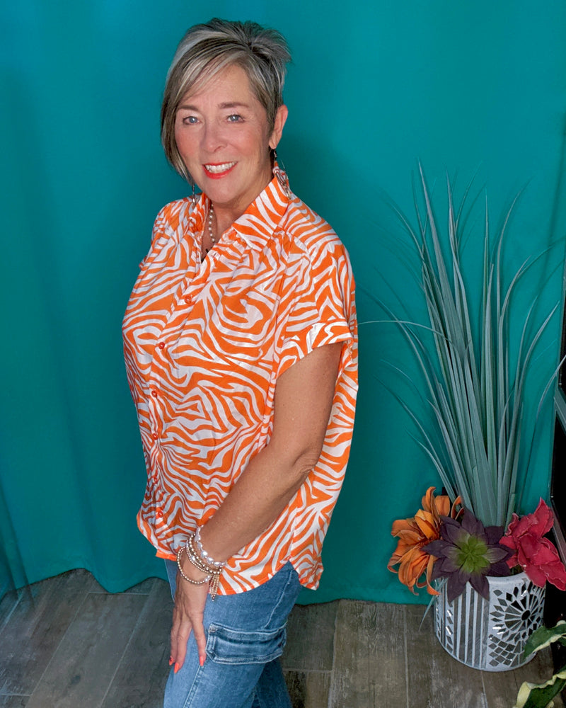 Orange & White Tiger Zebra Print Blissful Break Button Up Short Sleeve Top