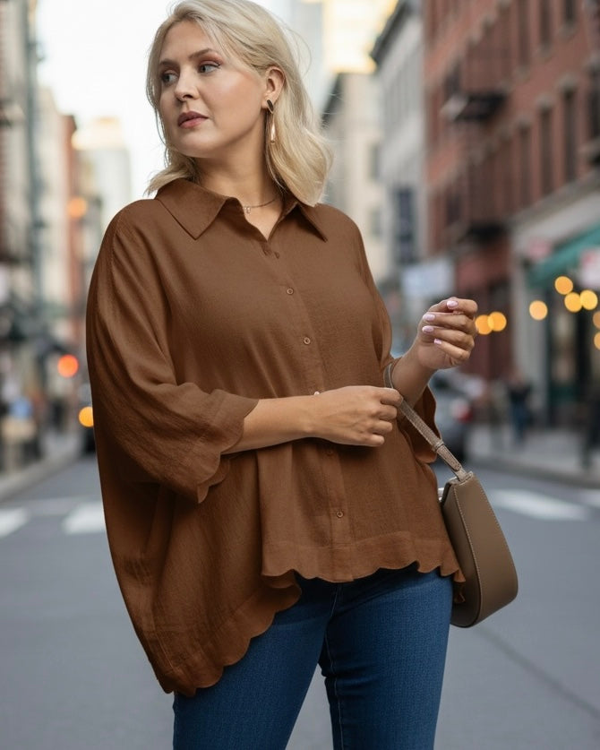 Plus Size Solid Espresso Brown 3/4 Scallop Sleeve Button Down Blouse