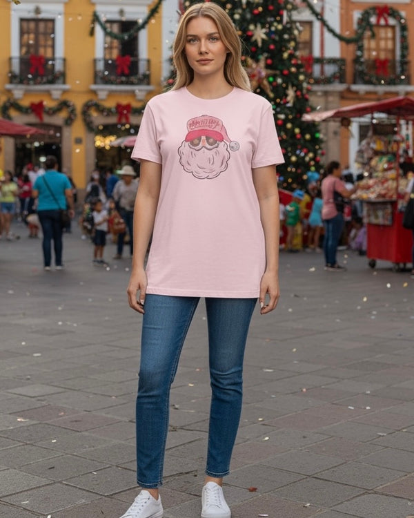 Pink "Jolly" Trucker Hat Santa Short Sleeve Holiday Christmas T-Shirt Top