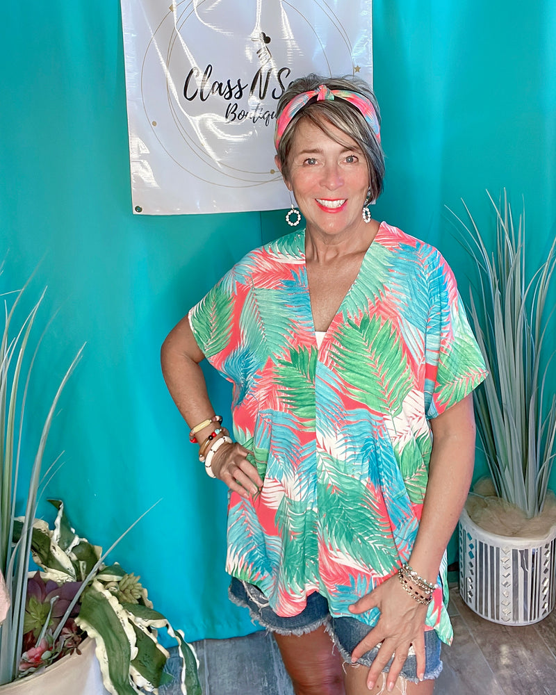 Turquoise, Pink & Green Vacay Boxy Style Top in Tropical Leaf Print Short Drop Shoulder Sleeve
