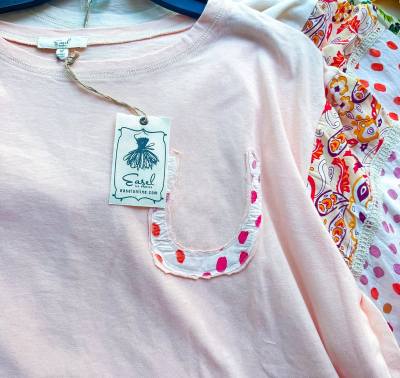 Cream, Peach or Yellow Cotton Outside Stitch Dot/Floral Jersey Top w/Mix Print Puff Long Sleeve