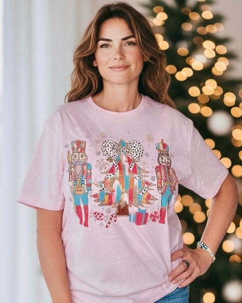 Pink Christmas Tree Nutcracker Bow Short Sleeve Tshirt Tee Top