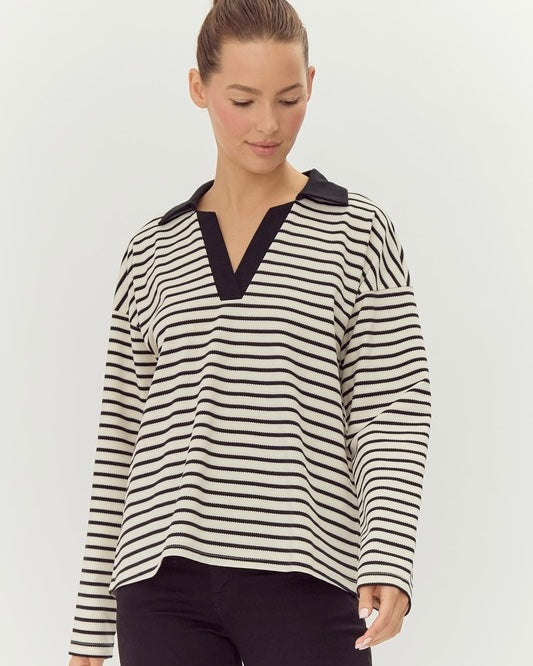 Black & White Striped Open Collar Contrasting Solid Trim Neck Long Sleeve Pullover Top