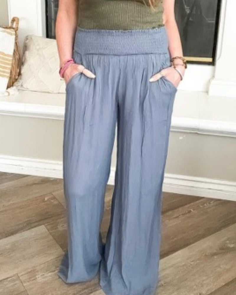 Blue Gray Smocked Elastic Waist Rayon Crinkle Wide Leg Pants