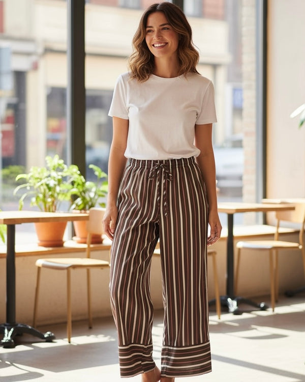 Navy Blue or Olive Brown Striped Elastic Waist Wide Leg Pant