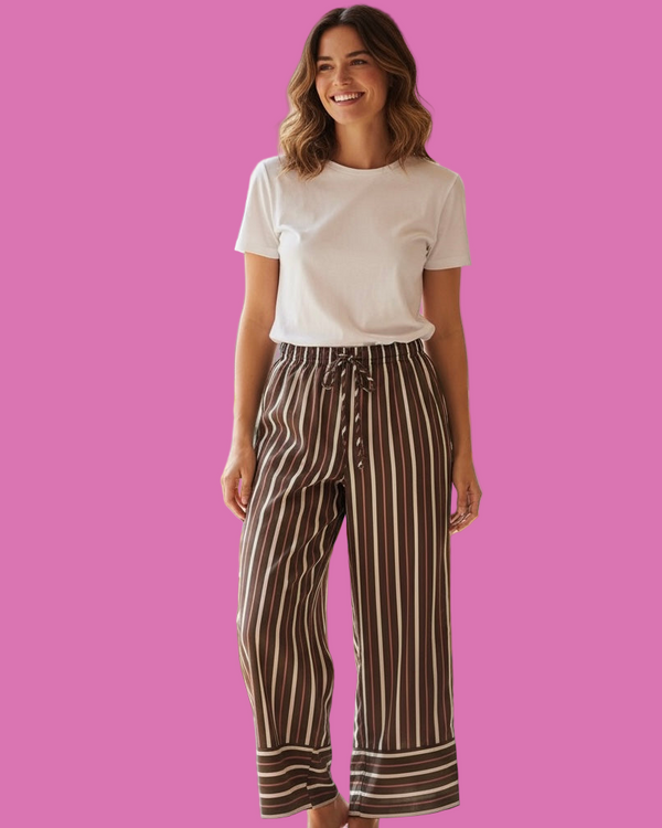 Navy Blue or Olive Brown Striped Elastic Waist Wide Leg Pant