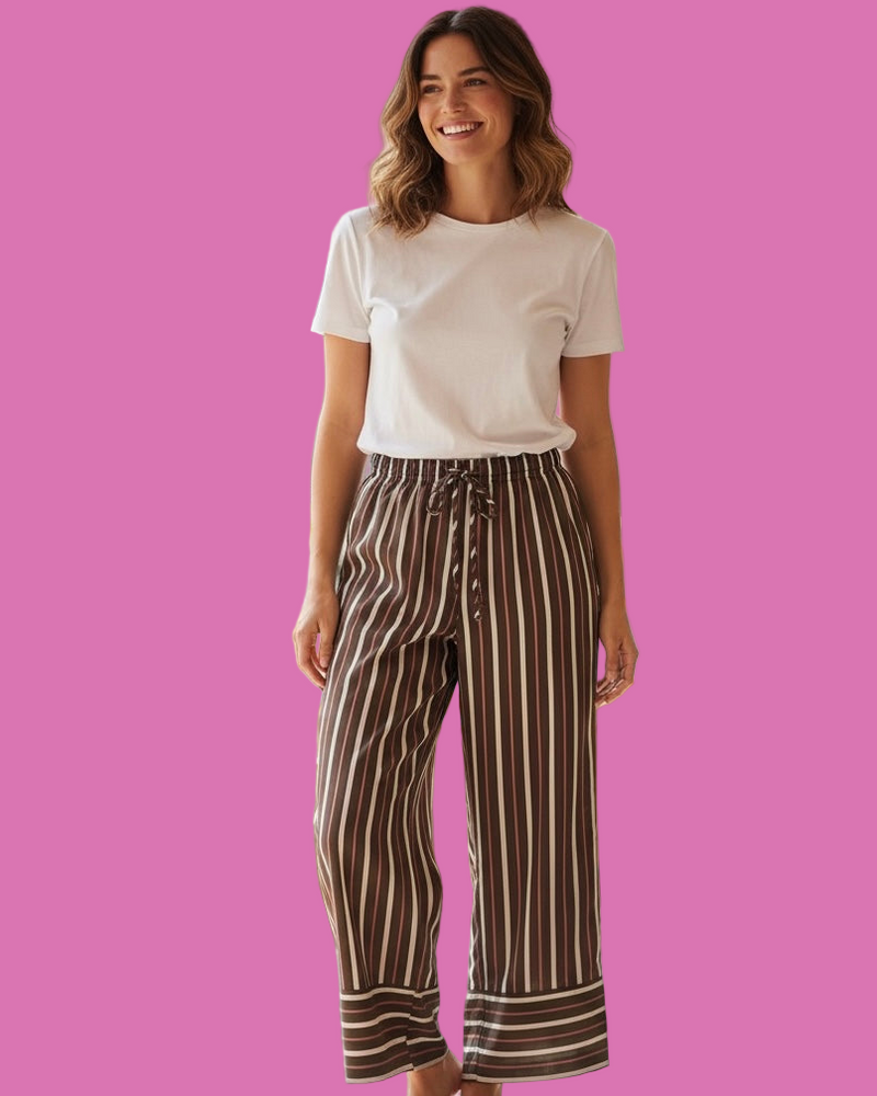 Navy Blue or Olive Brown Striped Elastic Waist Wide Leg Pant