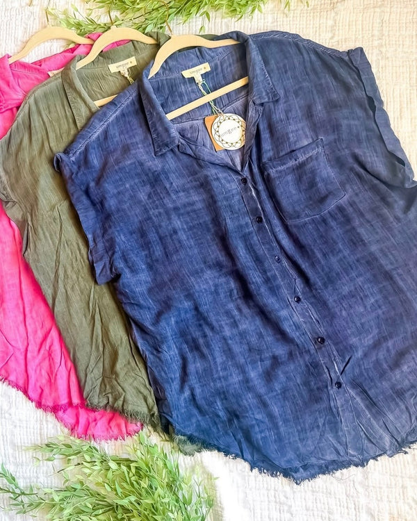 Plus Size Navy Blue or Olive Green Washed Button Down Frayed Hem Short Sleeve Top