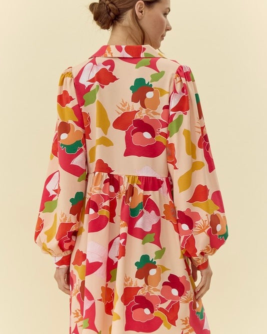 Multicolor Red & Yellow on Cream Floral Print Long Sleeve Open Neck Collared Empire Dress