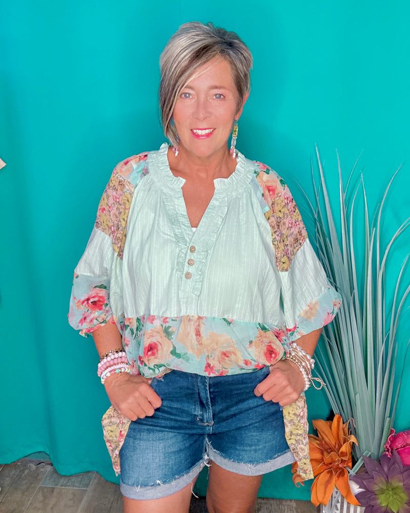 Mint Green Chiffon Floral Prints Peasant Tiered Tunic Boho Top