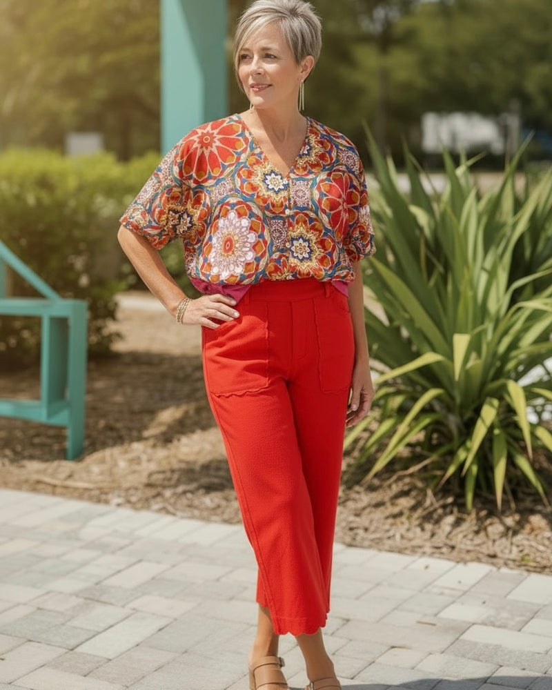 Blue Scallop Crop Zip Front Wide Leg Ankle Pants – Class N Sass