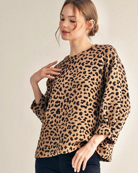 Tan & Black Textured 3/4 Long Sleeve Leopard Print Top