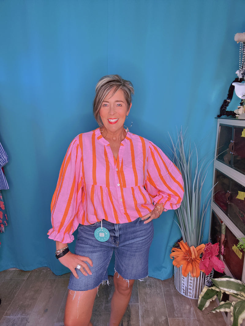 Pink w/Orange Stripe Long Balloon Sleeve Button Down Blouse