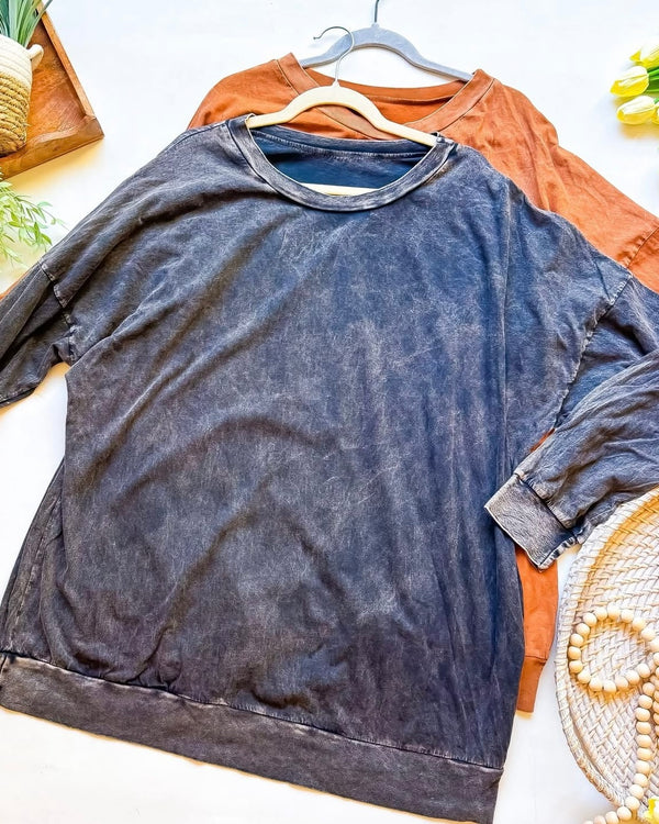 Tan Brown Mineral Wash Long Sleeve Round Neck Casual Top