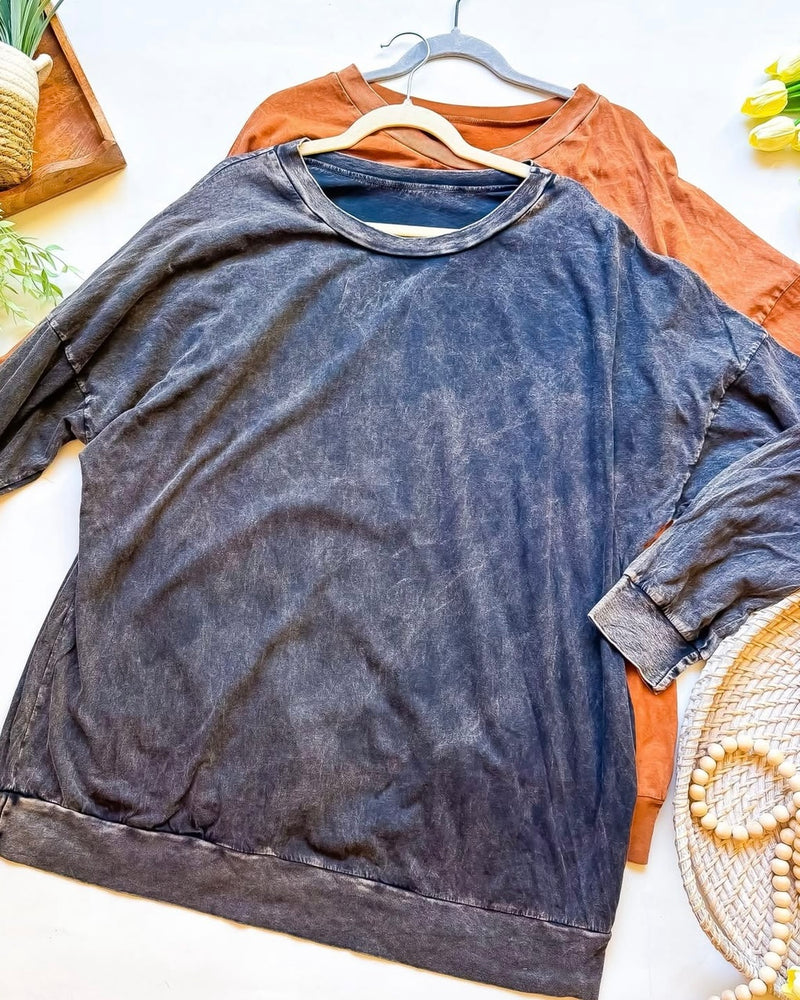 Tan Brown Mineral Wash Long Sleeve Round Neck Casual Top