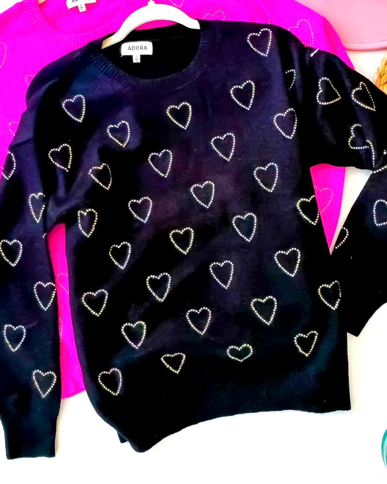 Black Rhinestone Heart Long Sleeve Knit Sweater Top