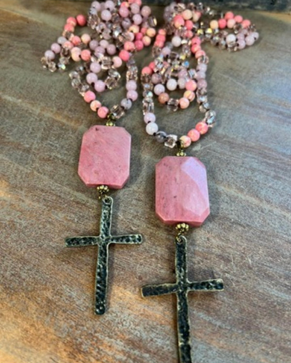 Pink or Turquoise Blue Beaded Necklace with Pink Stone and Cross Pendant