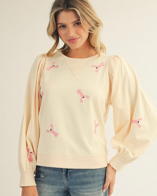 White or Red Lobster Embroidered Long Sleeve Sweatshirt Top