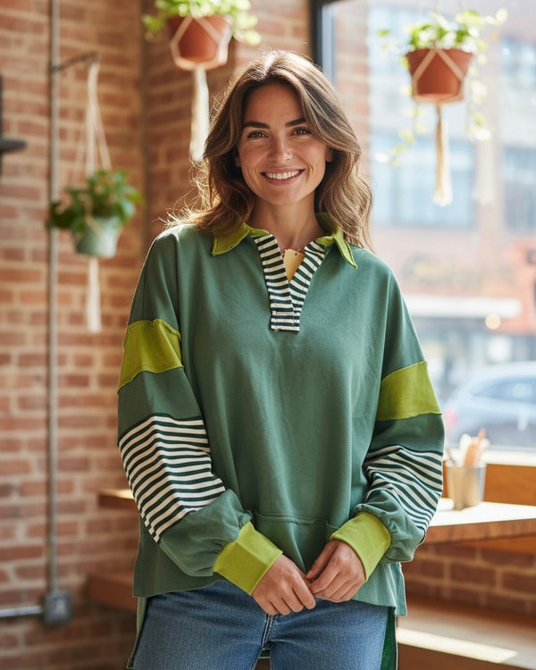Contrasting Stripe Cut Raw Edge Hemline Long Sleeve Open Neck Pullover French Terry Collared Sweatshirt Top