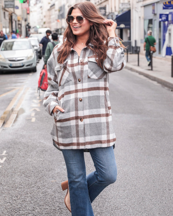 Brown and Gray Button Down Pocket Plaid Shacket