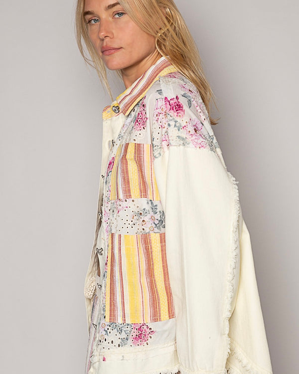 Cream Yellow Red Stripe Floral Mix Print Long Sleeve Light Denim Button Jacket