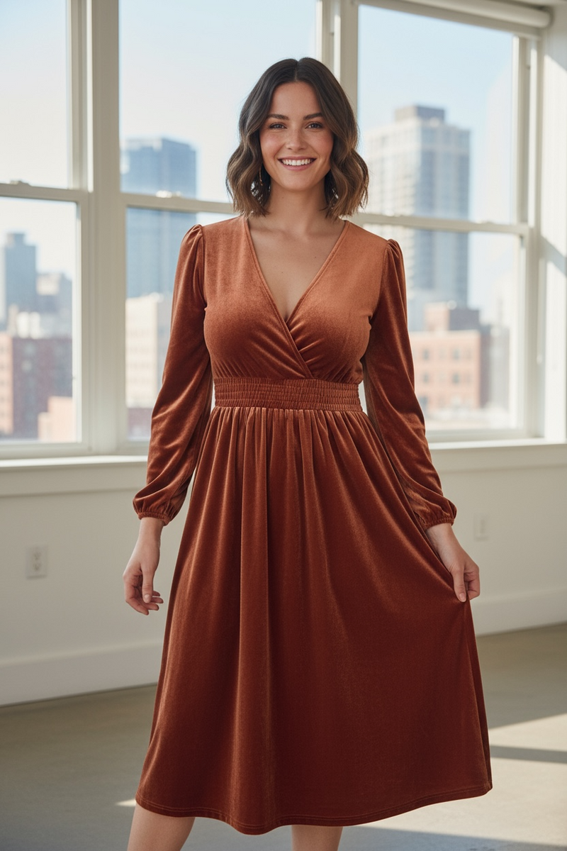 Spice Rust Velvet Elastic Waist Long Sleeve Midi Snap VNeck Dress