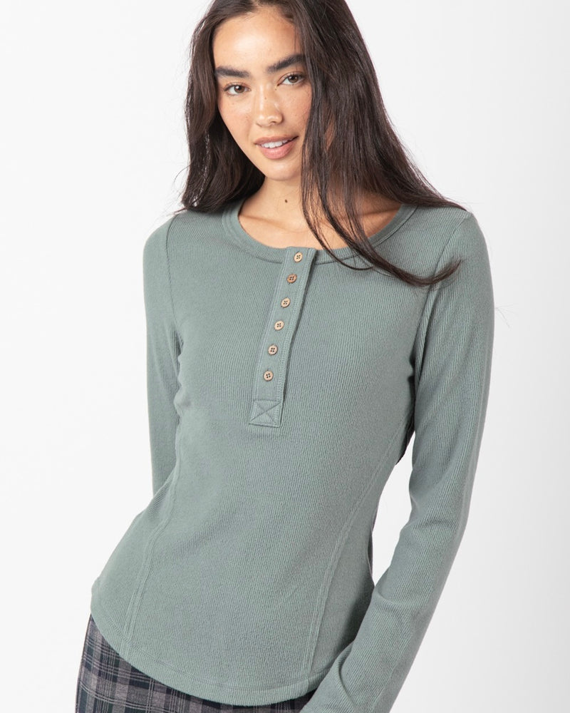 Sage Green & Salmon Thermal Henley Button Front Outside Stitch Top
