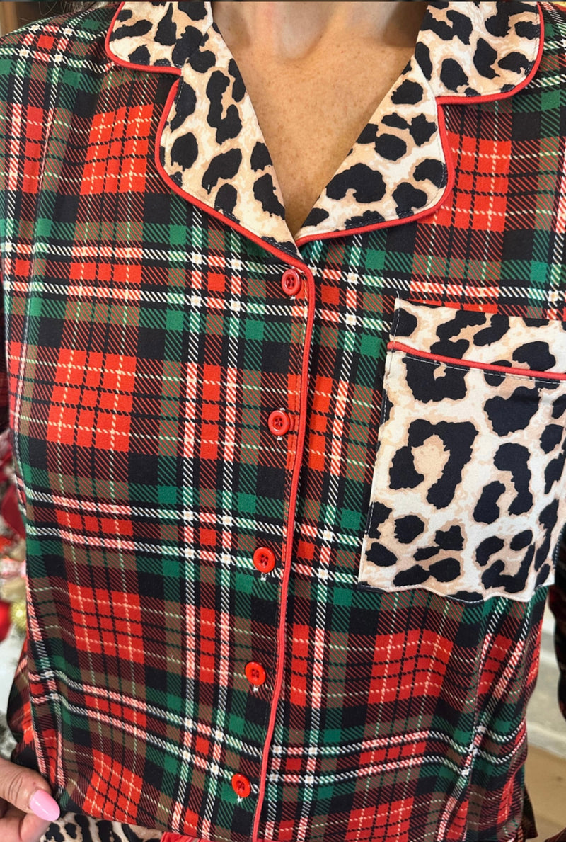 Safari Chic Christmas Red & Green Plaid & Leopard Animal Print 2 Pc Pajama Short Set