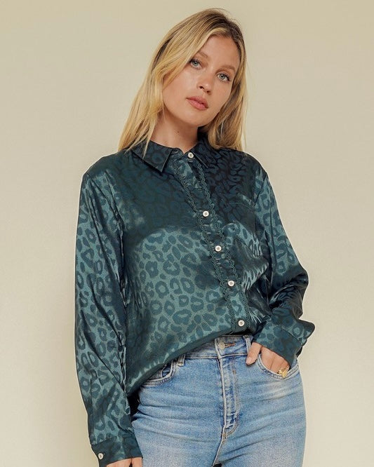 Teal Dark Emerald Green Animal Jacquard Leopard Print Long Sleeve Button Down Satin Like Blouse