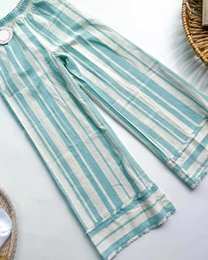 Seafoam Mint Blue Green Vertical Stripe Wide Leg Fray Edge Elastic Waist Pant