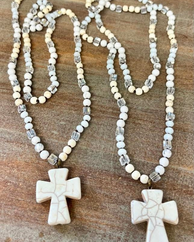 Multi White Beaded with Stone Cross Pendant Necklace