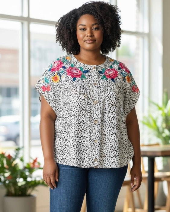 Cream & Black Cheetah Animal Print w/Floral Embroidery Short Sleeve Top