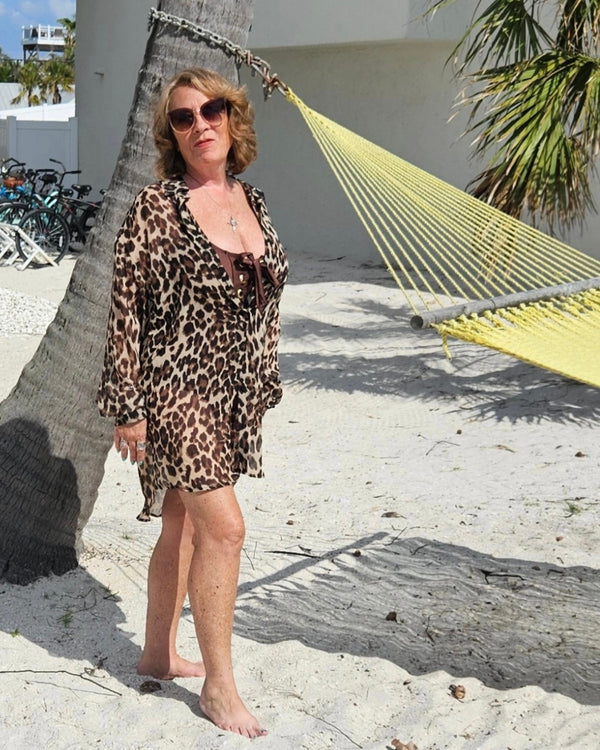 IN STOCK - Brown Leopard Sassy & Chip Kimono Tunic Cover Up Top