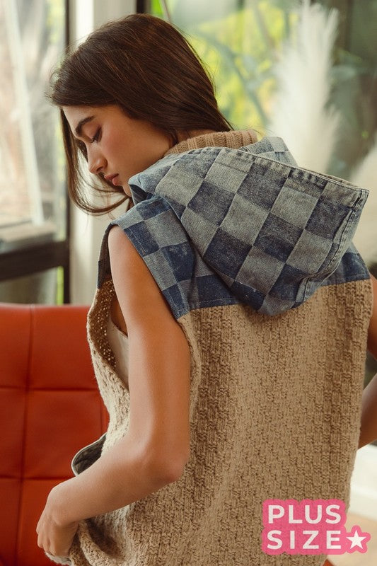 Plus Size Beige Chunky Cable Knit Sweater & Wash Checkered Denim Zip Front Vest Jacket